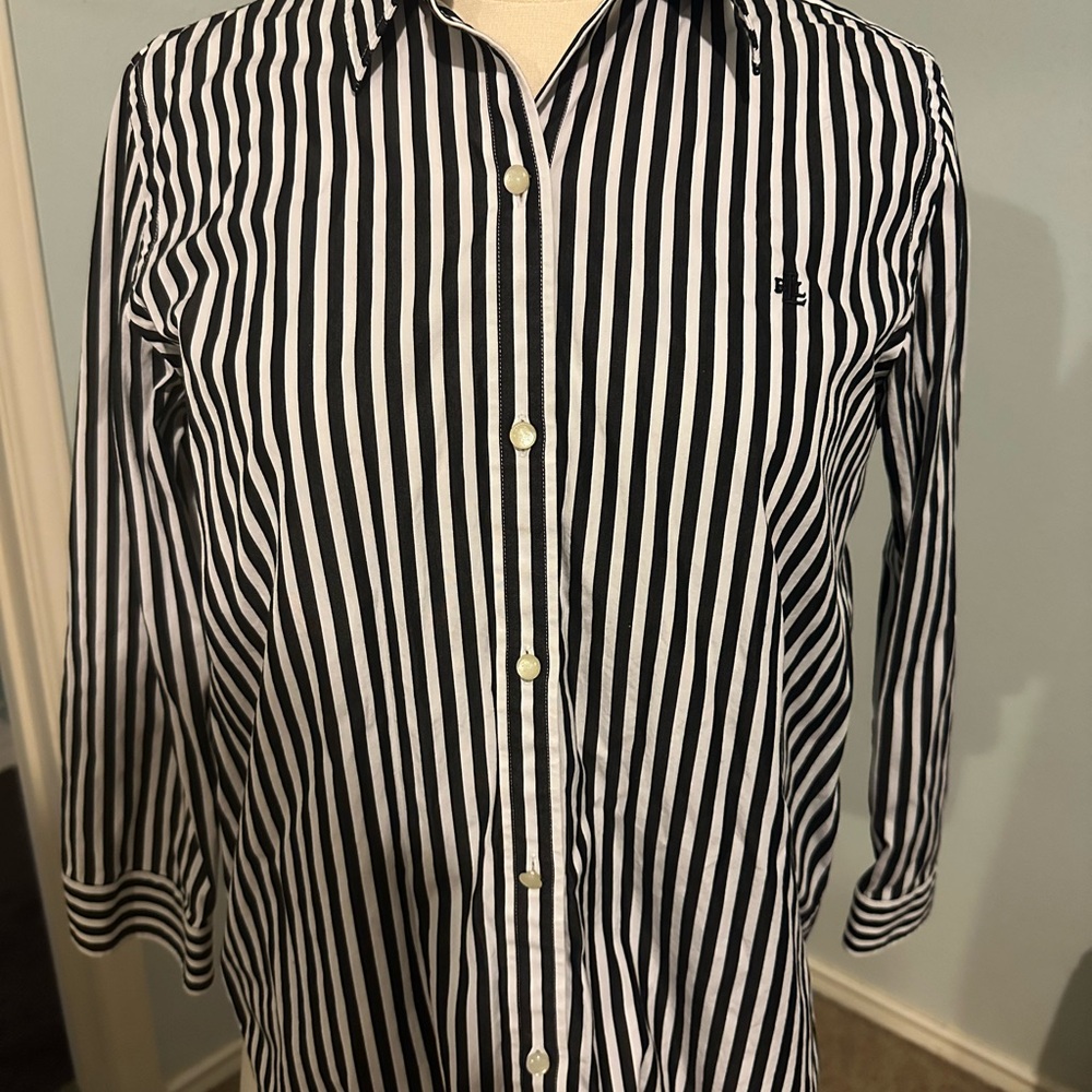 Ralph Lauren Women's Black and White Striped Button Down Shirt